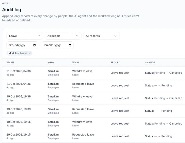 Cova's Audit log filtered to Leave, listing six entries from 19 to 21 Oct 2026 in which Sara Lim, an employee, requested and then withdrew leave. Each row shows when, who, what, the record (Leave request) and the status change, such as Pending to Cancelled.