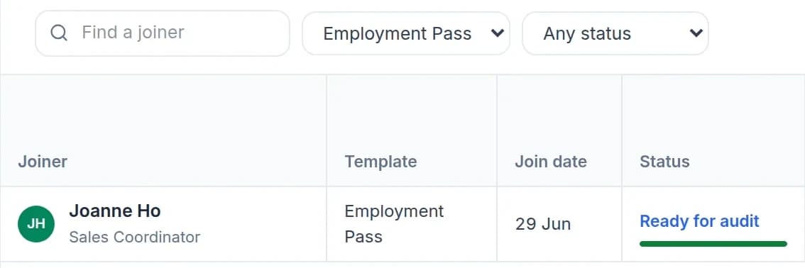 The Onboarding Master List filtered to the Employment Pass template, with a Find a joiner search and a status filter: made-up joiner Joanne Ho, Sales Coordinator, on the Employment Pass template, join date 29 Jun, status Ready for audit.