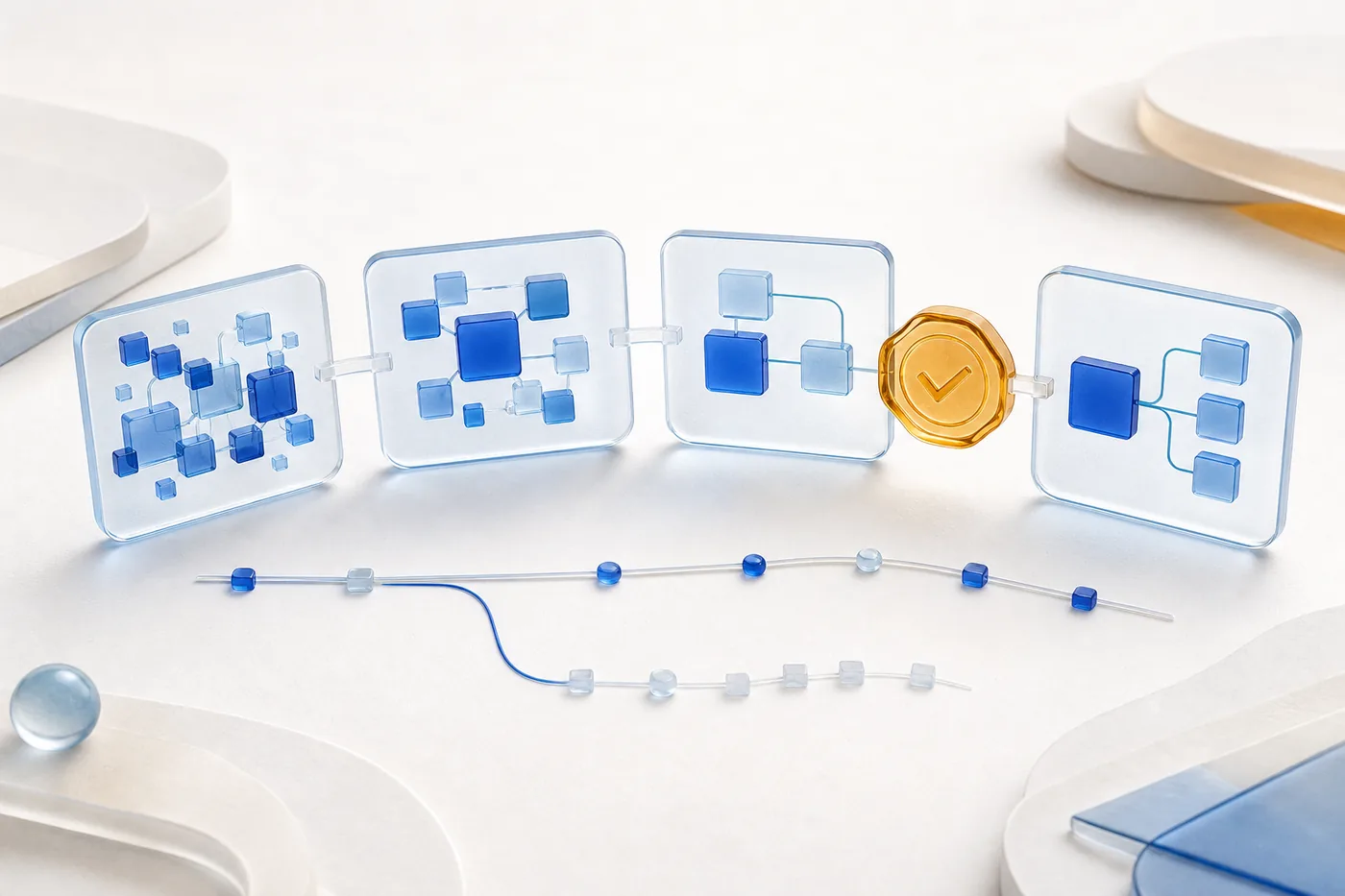 Linked glass panels showing a process being simplified step by step, with an approval seal before the final version and a branching track underneath for rollback.